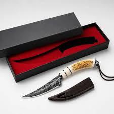 Cuchillo de caza de hoja fija de acero de Damasco con punta de clip y filo biselado, mango de cuerno de ciervo, funda de madera personalizada OEM/ODM DIY - Product Image 4