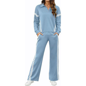 Conjuntos de Salón para Mujer: Chándal de Cuello en V con Pantalones de Pierna Ancha de 2 Rayas, Traje de 2 Piezas con Bolsillos, Ropa Cómoda para Estar en Casa - Product Image 1
