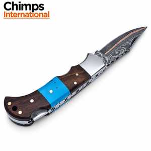 Cuchillo de Caza de Acero Damasco y Cobre Hecho a Mano de Alta Calidad, Hoja de 7 Pulgadas con Punta Caída y Mango de Madera, para Transporte EDC - Product Image 6