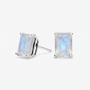 Wholesale <b>Sterling</b> <b>Silver</b> Fine Prong <b>Set</b> <b>Stud</b> <b>Earrings</b> Rhodium-Plated Moonstone Emerald Cut Romantic Party Gift Wedding - Product Image 1