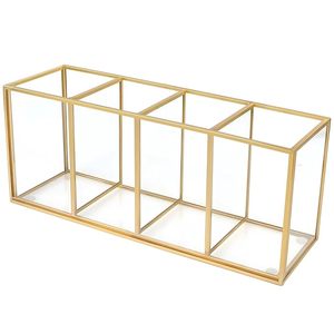 Expositor Rectangular de Metal Dorado de Lujo con 4 Compartimentos, Organizador Decorativo de Mesa, Centro de Mesa Geométrico Moderno para el Hogar - Product Image 1
