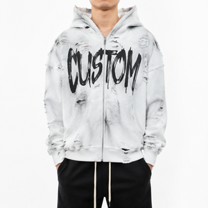 Distressed White Ripped Zip Hoodies Dirty Faded <b>Spray</b> <b>Paint</b> Brush Lettering Oversized Torn Holes Frayed Seams Sweatshirt Jackets - Product Image 2