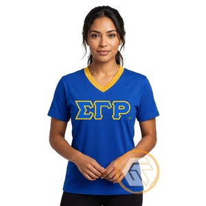 T-shirt décontracté d'été pour femme Sigma Gamma Rho, bleu, col en V, manches courtes, séchage rapide, respirant, écologique, 100 % coton jersey, avec logo - Product Image 1