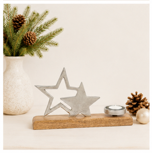 Luxury Silver Metal Double Star Tea Light <b>Candle</b> Holder With Natural Mango Wood Base For Christmas Festive Home Decoration - Product Image 2