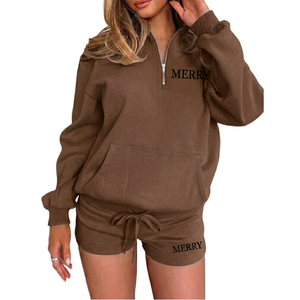 Ensemble short 2 pièces pour femme, demi-zip, 100% coton, tissé uni, décontracté, respirant, écologique, tenue athleisure pour tous les jours - Product Image 2
