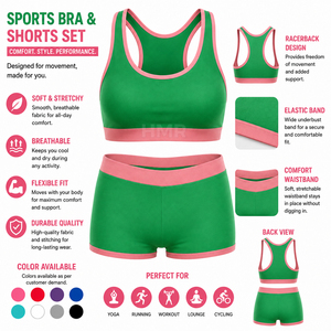 Ensemble de soutien-gorge et short de sport pour femmes HMR personnalisé, couleur vert rose, vêtements de sport pour l'entraînement, la gym, le yoga, ensemble de vêtements de sport 2 pièces, OEM ODM - Product Image 6