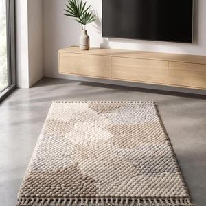 Tapis d'appoint tissé à la main beige et crème à boucles texturées avec motif abstrait et bordure à franges pour la décoration intérieure moderne - Product Image 5