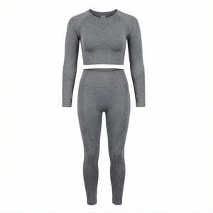 Gray 2 Piece Yoga Set Crew Neck Long Sleeve <b>Crop</b> <b>Top</b> High Waist Full Length Leggings <b>Mesh</b> Breathable Seamless Women's Sportswear - Product Image 1