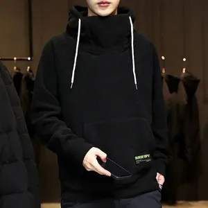 Thick Fleece Solid Loose Fit <b>Mens</b> Autumn Winter High Neck Hooded Windproof Hip Hop Hoodie Pocket Eco Friendly Breathable - Product Image 4