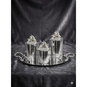 Best Quality Stainless Steel Silver Polished Hammered Texture Ruffoni Style <b>Canisters</b> <b>Set</b> With Gold Pumpkin Handles Kitchenware - Product Image 3