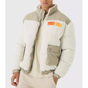 New Arrival 2026 Men's Beige Color Blocking Puffer Jacket Stand Collar Zipper Closure Windproof <b>Thick</b> Sherpa Lining <b>Winter</b> <b>Coat</b> - Product Image 4