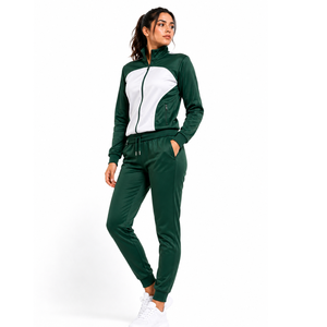 Ensemble de survêtement sportif pour femme, vert et blanc, à blocs de couleur, avec fermeture éclair intégrale et capuche, en polyester respirant, idéal pour l'automne - Product Image 1