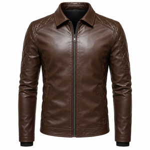 Chaqueta de Invierno para Hombre, de Cuero Genuino Marrón, Corte Entallado, Cuello Mao, Cierre de Cremallera, Transpirable, Impermeable, Ecológica y Antibacteriana - Product Image 3