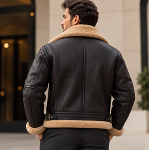 Blouson aviateur en cuir véritable pour homme avec doublure en fausse fourrure coupe-vent style moto hiver coupe classique fermeture éclair - Product Image 4