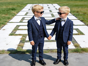 Ensemble de costume formel 3 pièces bleu marine pour garçons – Blazer à carreaux pour enfants avec gilet, pantalon et nœud papillon pour mariage et soirée - Product Image 1