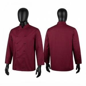 เสื้อเชฟผู้ชาย ผ้าโพลีคอตตอน 200 GSM สีแดงเบอร์กันดี กระดุมสองแถว แขนยาว ชุดยูนิฟอร์มครัว ปักโลโก้ตามสั่ง ชุดทำงาน - Product Image 1