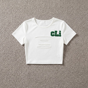High Quality <b>women's</b> shirt <b>White</b> Half Sleeve <b>Crop</b> <b>Top</b> ODM Green Towel Embroidery Cutout Design Custom Logo Casual Summer Blouse - Product Image 3
