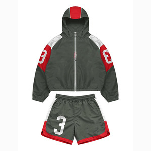 Premium 140 GSM Nylon Polyester Windbreaker Short Set Olive <b>Green</b> Red Panel Heat Transfer Logo Windbreaker Shorts Set for Men - Product Image 1