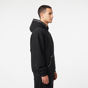 Sudadera con Capucha Negra Extra Grande para Hombre, con Adornos de Diamantes de Imitación, Bolsillo, Forro Polar, Sudadera Informal de Invierno - Product Image 6