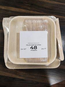 Heavy Duty Palm Leaf Square <b>Plates</b> 7 Inches With <b>Disposable</b> Birchwood Cutlery Set of 50 Pcs For Fast Food Takeaway and Catering - Product Image 5