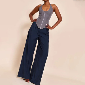 Top corsé sin mangas ajustado con cremallera, cuello halter, bajo asimétrico y varillas, color gris oscuro, para mujer, estilo bodycon, top de moda. - Product Image 3