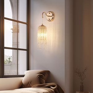 Set of 2 Elegant <b>Gold</b> Frame Cascading Crystal Bead <b>String</b> Wall Sconces E12 Bulb Socket Living Room Hanging Light Fixture - Product Image 2