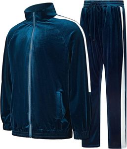<b>Men's</b> Navy <b>Velour</b> <b>Tracksuit</b> Full Zip Jacket And Pants Set With Side Pockets Autumn Casual Wear For Adults - Product Image 1
