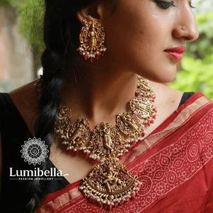 Dasa Avathar Matte Gold Plated Bridal Necklace and Earring Set - Product Image 1