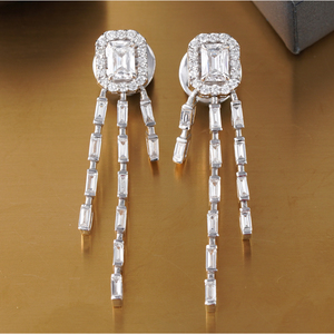 2.27 CT <b>Emerald</b> Cut Lab Grown Diamond Halo Baguette Fringe Drop Earrings in 14K Yellow Gold - Product Image 1