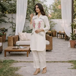 Women's <b>White</b> Embroidered Cotton <b>Set</b> Kurta Three Quarter Sleeve Long Pants Floral Design Casual Spring Summer Outfit - Product Image 3