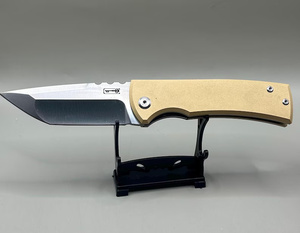 Cuchillo Plegable de Acero Hecho a Mano con Mango G10 Color Bronceado y Hoja Bicolor, Funda de Cuero, Cuchillos de Supervivencia al por Mayor, Pasha Enterprises - Product Image 1