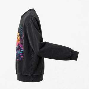 Sweat-shirt vintage délavé avec motif Cyber Glitch, en coton épais, col rond, style rétro futuriste streetwear - Product Image 4
