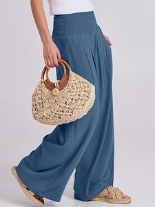 Women High Waist Wide Leg Pants Solid Color Pleated Loose Fit Elastic Waist Casual Summer Full Length Crepe Trousers - Product Image 6
