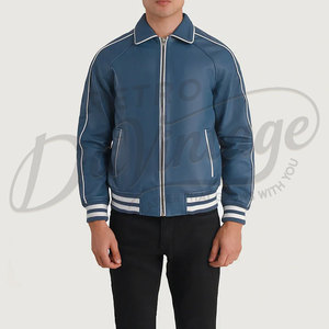 Men Blue Genuine Leather Bomber <b>Jacket</b> with White Racing Stripes and Contrast Ribbed Cuffs <b>Slim</b> <b>Fit</b> Sporty Outwear - Product Image 3