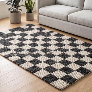 Handwoven Anti-Slip Medium Pile Wool <b>Rug</b>-<b>Black</b> <b>and</b> <b>Cream</b> Solid Color Modern Loop Pile Area <b>Rug</b> with Cotton Canvas Backing - Product Image 5