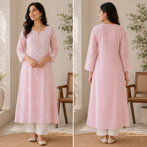 Elegant Light Pink Hand Embroidered Lucknowi Chikankari Anarkali <b>Kurti</b> - Cotton Ethnic Tunic Wholesale <b>Indian</b> Wear Collection - Product Image 3