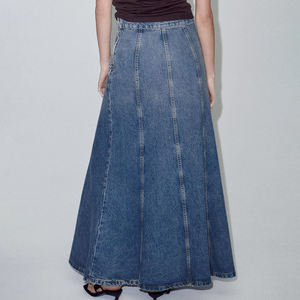 Jupe longue en jean pour femme, taille haute, coupe évasée, longueur ras du sol, avec poches - Product Image 2