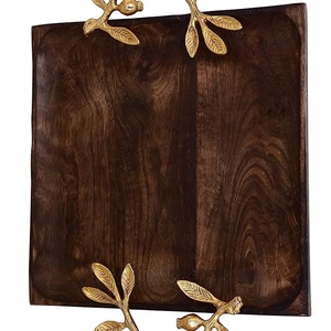 Luxury Dark Wood Serving Tray with Gold Leaf Handles - Solid <b>Walnut</b> Decorative Platter for <b>Coffee</b> <b>Table</b> Ottoman & Home Decor - Product Image 5