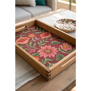 Plateau de service en bois rustique émaillé |   Plateau décoratif en métal floral |   Plateau alimentaire non toxique pour salon et café, plateau de vente en gros - Product Image 5