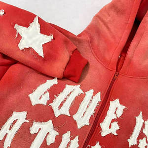 Sudadera con capucha roja personalizada con cremallera, estilo oversize, streetwear, con parche de estrella, al por mayor, roja vintage lavada - Product Image 3