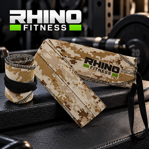 Bandes de maintien pour poignet gauche Rhino Fitness Camo en polyester et nylon avec fermeture auto-agrippante pour la musculation - Emballage personnalisé - Product Image 1
