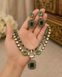Green Brass <b>Statement</b> <b>Necklace</b> Set Emerald Cut Doublet Stone Crown Earrings <b>Necklace</b> for Women Party Wedding - Product Image 2