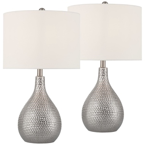 Sleek design Hammered Silver <b>Table</b> Lamp Set of 2 Luxury Textured Metal Base White Fabric Shade Elegant <b>Bedside</b> Nightstand Light - Product Image 3
