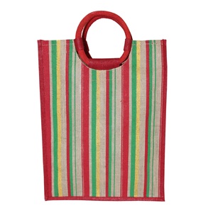 ถุงผ้าปอกระเจา PP เคลือบลามิเนตที่จับเชือกทรงกลมลายแถบหลายสี - Product Image 1