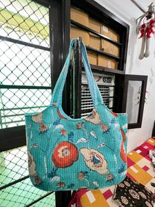 India Block Printed Reversible Quilted Cotton Tote <b>Bag</b> for Lady Bohemian Floral Design Magnetic Closure <b>Large</b> Size <b>Beach</b> & Daily - Product Image 3