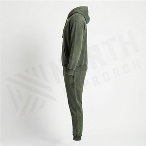 Men's Olive Green Hooded <b>Tracksuit</b> Solid Color Casual Sweatshirt With Front Logo And Matching Pants Full Length Regular Fit - Product Image 3