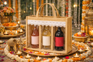 Bolsa de Regalo para Vino de Yute Natural con Triple Compartimento, Ventana Transparente y Ribete de Encaje, Ecológica - Product Image 4
