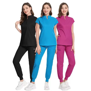 Women's <b>Scrub</b> Sets With V-Neck Top And Jogger Pants In Black <b>Blue</b> Pink For Hospital Use Polyester Knitted Fabric - Product Image 1