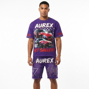 <b>Men's</b> Streetwear Cropped T Shirt Shorts Set <b>Studded</b> Acid Wash Custom Screen Print 100% Cotton Summer Outfit - Product Image 5