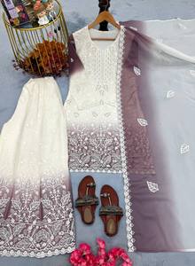 Salwar Kameez pakistanais bicolore avec Plazzo et Dupatta, blanc et violet, brodé, tenue de mariage traditionnelle pour femmes - Product Image 3